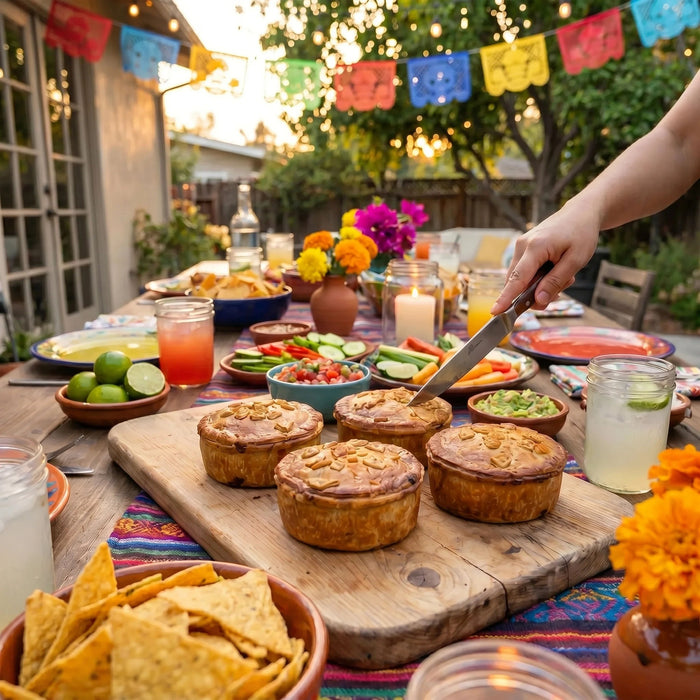 Outdoor gathering with four tex-mex pies on a wooden board, colourful flags, and a Mexican theme.