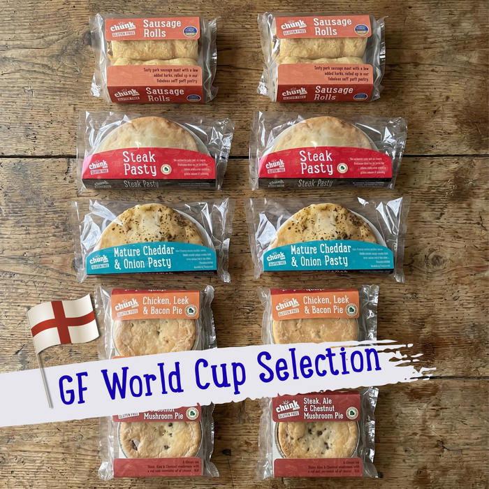 Gluten Free Selection of  four Pies and four pasties and four sausage rolls to celebrate the FIFA world cup 2026 
