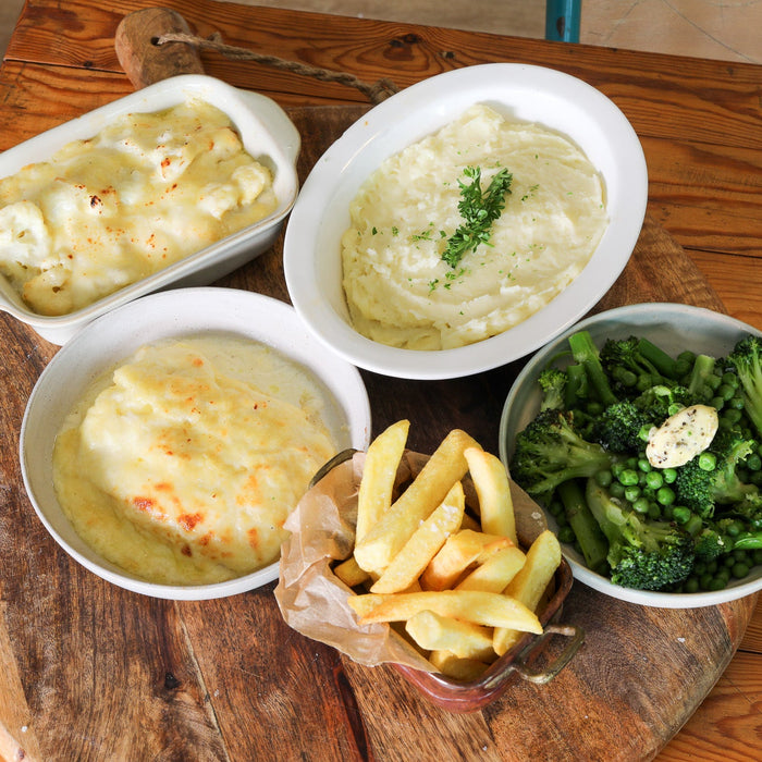 mashed potato, cauliflower cheese, chips and dauphinoise side dishes for pies