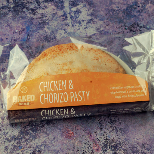 Gluten free chicken and chorizo pasty wrapped in brightly coloured packaging